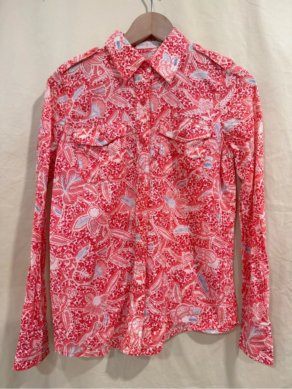 Tory Burch Floral Paisley Utility Button Front Shirt Blouse Pink White Size 4